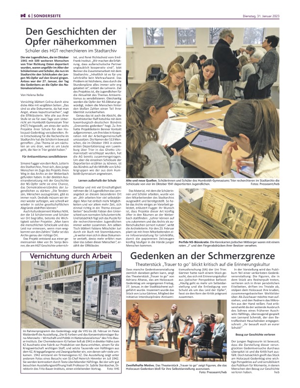 In einem ersten Biografie-Workshop der elften Klasse am Huboldt Gymnasium Trier recherchieren SchülerInnen unter Frau Dr. Benner in enger Kooperation mit dem Stadtarchiv Trier mehrere Biografien jüdischer Deportierter für unsere Datenbank.